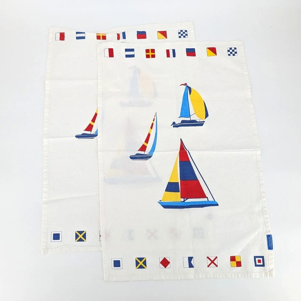Nautical Sailboat Tea Towels Stonewall Bon Voyage Flags Set of 2 White 18x28